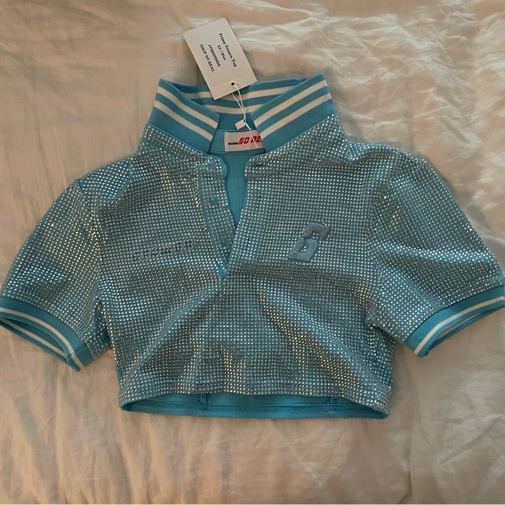 So real blue rhinestone crop top